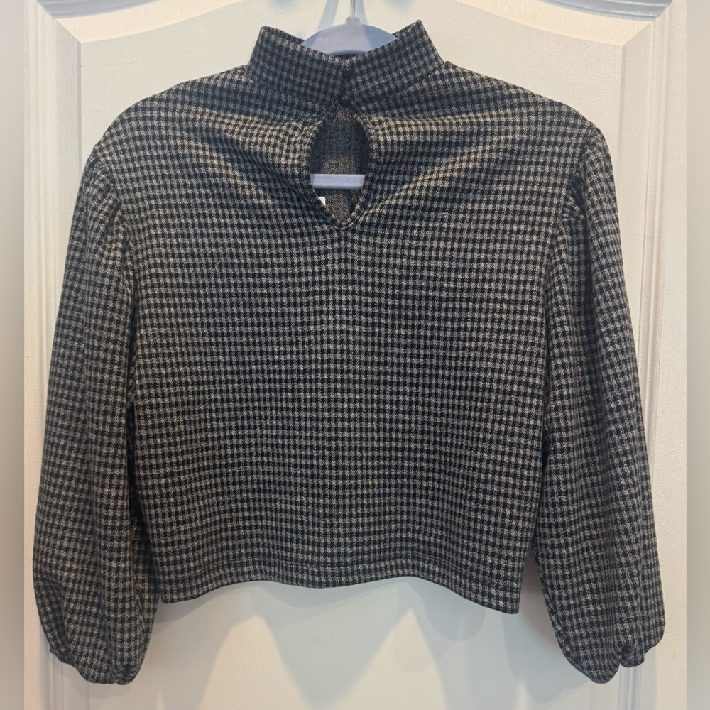 NATIVE YOUTH High Neck Top With Puff Sleeves XS Black Gray Houndstooth Check NWT